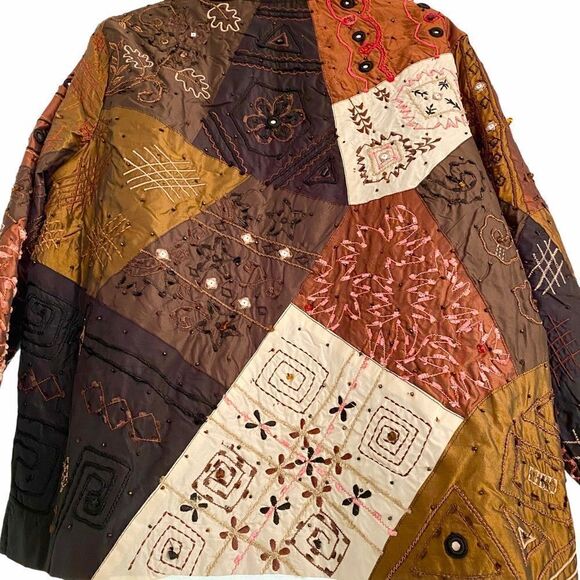 Vintage Laura Ashley Patchwork Embroidered Jacket w/ Beads Orange Tan Brown - Picture 6 of 6